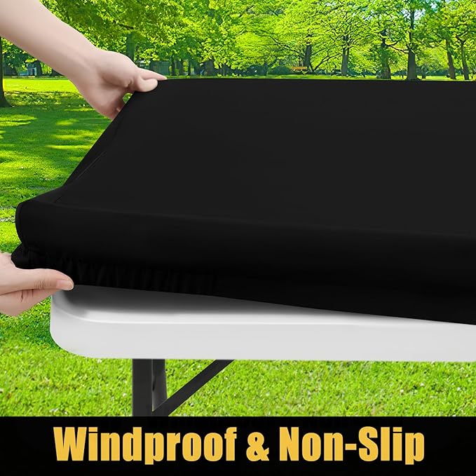 Smiry Rectangle Picnic Table Cloth, Waterproof Elastic Fitted Tablecloths for 6 Foot Tables, Washable Polyester Table Cover for Camping, Indoor and Outdoor (Black, 36"x72")