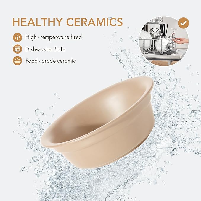 Ceramic 6.3-inch Raised Double-Bowl Set with Non-Slip Stand, 1.5 Cup Food or 15 oz Water Dishes for Small Dogs, Wide Opening with Rounded Edges(Oat Beige)