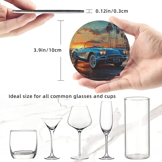 Car Print Coasters for Drinks with Holder Round Leather Coasters Set of 6 Cups Mugs Mat Pad for Home Kitchen Bar