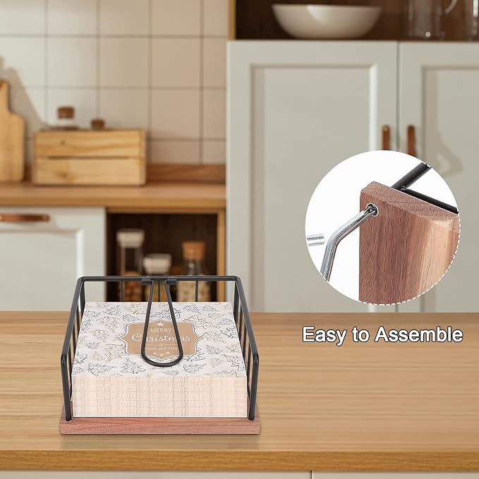 Livabber Flat Napkin Holder, Metal Kitchen Napkin Storage with Weighted Tension Arm Rustic Tissue Paper Dispenser for Countertop, Table Kitchen, Dining Room (With Wooden Base, Black)