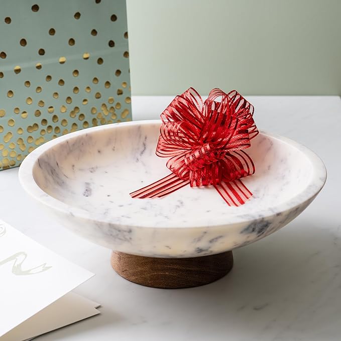 Cork & Mill Marble Decorative Bowl for Home Decor - Handcrafted Natural Stone with Acacia Wood Pedestal - Versatile 11" Catch All for Entryway, Kitchen Fruit Bowl, Potpourri, Dining Table Centerpiece