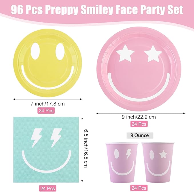 Kochorie 96 Piece Preppy Smiley Face Party Paper Plates Preppy Smile Face Party Decorations Preppy Tableware Set Paper Smile Face Plates Cups Napkins Cutlery Serve 24 Guest for Birthday or Baby Shower