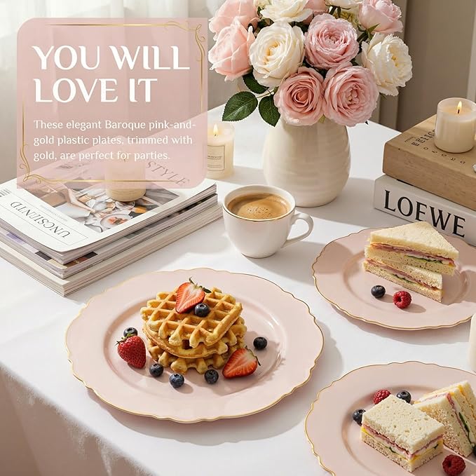 WDF 100pcs Pink Plastic Plates - High-end Baroque Design - Pink and Gold Plates for Upscale Party & Valentine's Day - Including 50 Disposable Plate 10.25inch, 50Salad Plate 7.5inch