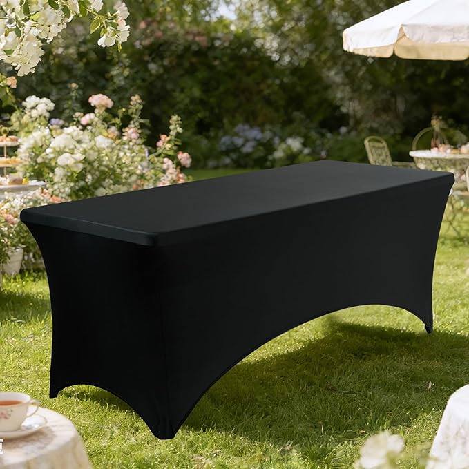VidaFete Spandex Tablecloth 6 Pack 8FT, Fitted Stretch Table Cover for Rectangle Tables, Wrinkle Resistant and Washable Tablecloths for Outdoor, Picnic, Party, Wedding, Banquet, Birthday, Black
