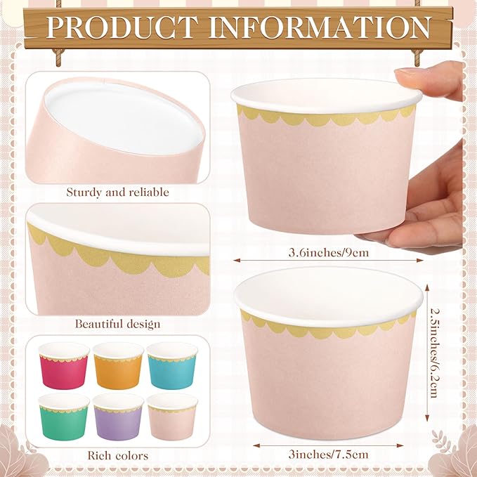 Zopeal 96 Pcs Colorful Disposable Ice Cream Bowls 9oz Candy Gradient Color Paper Snack Cups with Gold Scallop for Parties, Weddings, Baby Showers, Desserts, Yogurt, and Salads
