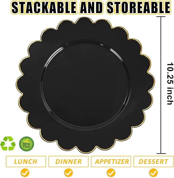 SUT 72 PCS Black Plastic Plates with Gold Rim, plates Disposable Heavy Duty, 10.25 inch plastic Dinner Plate, black Disposable plate for Party