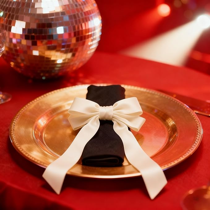 Ivory Velvet Bow Napkin Rings Set of 6 Luxury Soft Velvet Napkin Holders, Elegant Bow Design for Christmas Holiday Dinner Wedding Party Table Decor