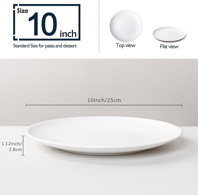 White Dinner Plates Set of 6, 10 Inch Ceramic Plates – White Porcelain Dinner Plates for Kitchen, Serving & Everyday Use, Microwave & Dishwasher Safe