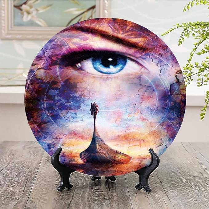 Decorative Plates, Viking Print Ornament, Boat On The Beach and Woman Eye Boat with, 8 Inch, 1 Plate with 1 Display Stand, Multicolor