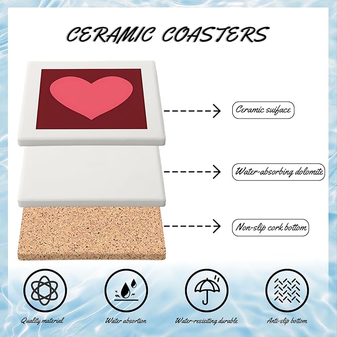 MAYCARI Love Hearts Printed Coasters Set of 6 Cork Backed Minimalist Aesthetic Coasters with Metal Holder Ceramic Surface Drink Cup Mats for Tabletop Protection Desk Decoration Valentine's Day Gifts