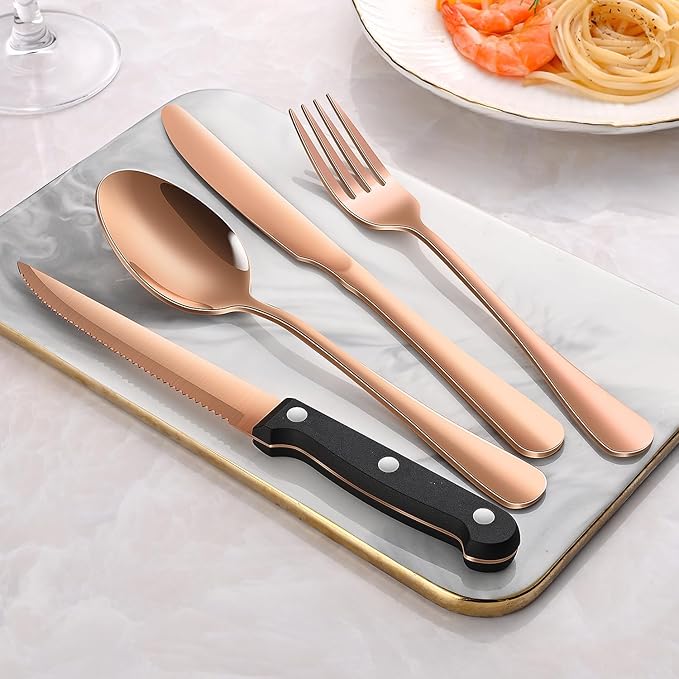 49-Piece Rose Gold Stainless Steel Silverware Sets With Organizer And Steak Knives Service For 8,Includes Knife Spoon And Fork Untensils Sets,Flatware Sets With Cutlery Tray