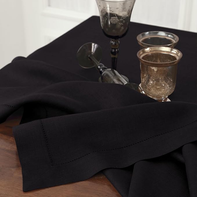 Solino Home Black Linen Tablecloth 60 x 144 Inch - Classic Hemstitch, 100% Pure Linen Rectangular Tablecloth - Machine Washable Table Cloth for Spring, Easter