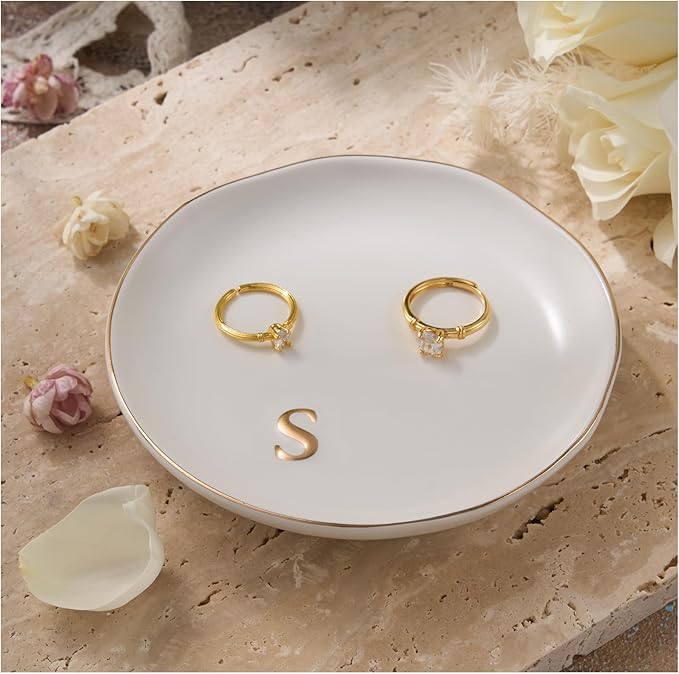 Lolalet Handmade Ceramic Ring Dish Jewelry Tray Plate with Initial, Small Monogram Gift for Her Women Girls Mother, Hostess, Engagement, Bridal Shower, Maid of Honor, Bridesmaid, Birthday, Christmas