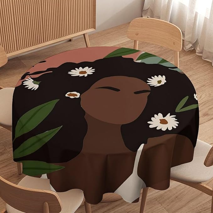 Bohemian Retro Mid Century Round Tablecloth, African Woman Girl Leaves Flower Tablecloth for Home Party Dining Room Kitchen Decor 36Inch(90cm)