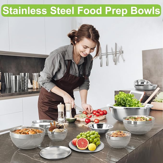 Stainless Steel Bowls, 6 Pack 7in 52.4oz 1550ml Large SUS304 Double Wall Insulated Stackable Metal Hot Soup Bowl Containers for Dishes Serving Cereal Snacks Ice Cream Food Rice Salad