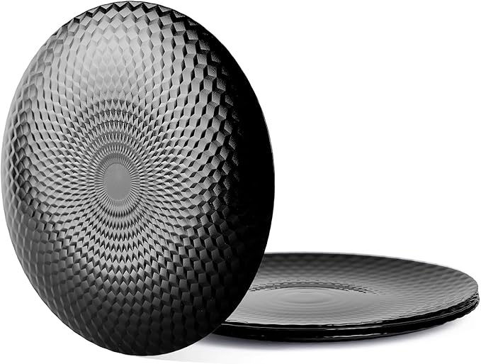 7.5 inch Appetizer Plate Set of 6, Opal Glass Round Geometric Faceted Small Black Plates for Salad Dessert, Kitchen, Dishwasher and Microwave Safe