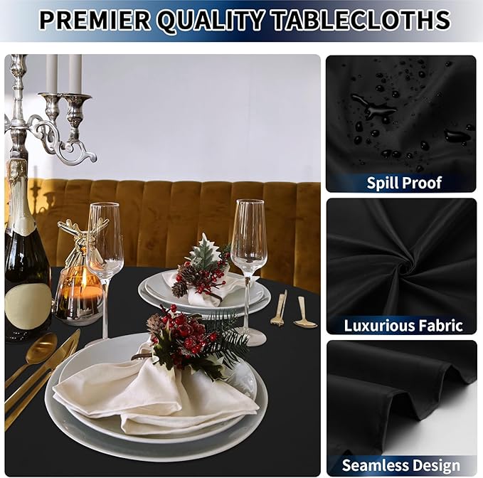 PureFit 8 Pack Round Black Table Cloths 90 Inch for Round Tables, Stain and Wrinkle Resistant Table Linens for Home Use, Wedding, Party, Banquet and Camping