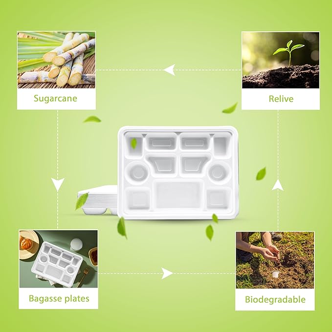 three leaf 11 Compartment Bagasse Rectangular Plate, 200 Ct. PFAS-Free, Heavy Duty, Sugarcane Fiber, Eco Friendly Disposable, 100% Biodegradable, Microwave and Freezer Safe, Ideal for Lunch, Buffet