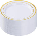 BESTVIP 50PCS Gold Plastic Plates, 10.25 Inch Disposable Dinner Plate Party with Gold Rim, Heavy Duty Disposable Plastic Plates for Christmas, Thanksgiving, Party, Wedding and Birthday