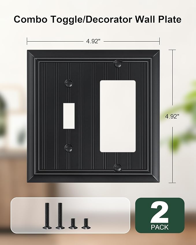 2-Pack Classic Beadboard Combo Toggle/Decorator Light Switch Cover Plate, Matte Black Decorative Electrical Outlet Covers, Durable Natural Bamboo Fiber Switch Plates and Outlet Covers
