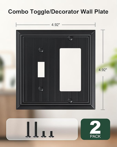 2-Pack Classic Beadboard Combo Toggle/Decorator Light Switch Cover Plate, Matte Black Decorative Electrical Outlet Covers, Durable Natural Bamboo Fiber Switch Plates and Outlet Covers