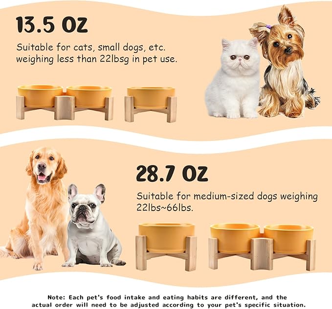 SPUNKYJUNKY 15° Slanted Ceramic Dog and Cat Bowl with Wooden Stand, Tilted Bulldog Food and Water Bowl No Slip Non-Spill for Cats Medium Dogs Big Face Pets 28.7 OZ (3.6 Cups, Yellow × 2)