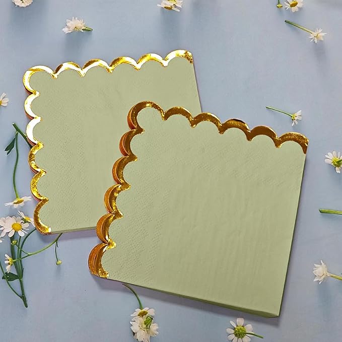 100 pack Sage Green Cocktail Napkins with Gold Foil Accents Scalloped Edges 5 x 5 inch Beverage Disposable Napkin Party Decoration Wedding Bridal and Baby Shower Dinner Lunch Supplies