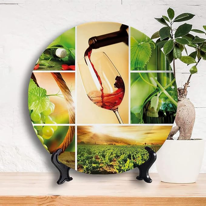Ceramic Plates, Wine Decorative Ceramic Plates, Wine Tasting and Grapevine Collage Green Fresh, 7 Inch, for Dining, Parties, Wedding, Green Ruby Caramel