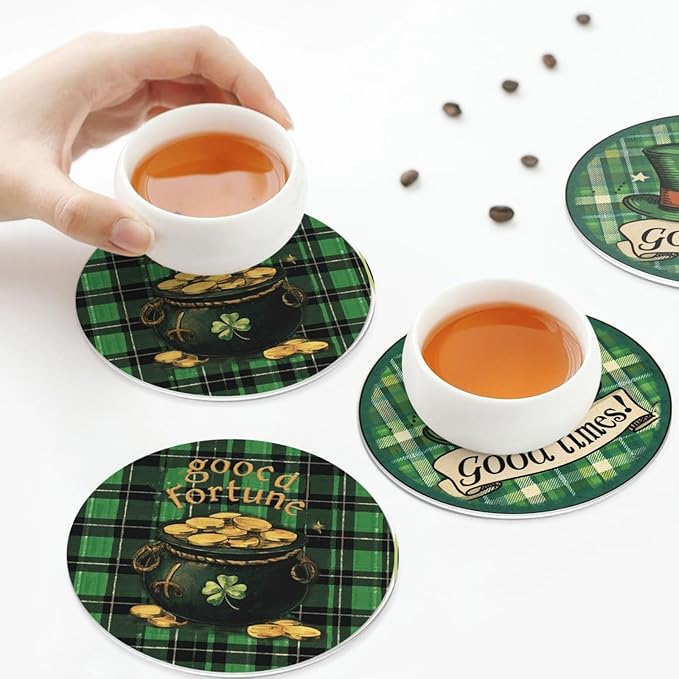 Lucky Coasters for Drinks with Holder Round Leather Coasters Set of 6 Cups Mugs Mat Pad for Home Kitchen Bar