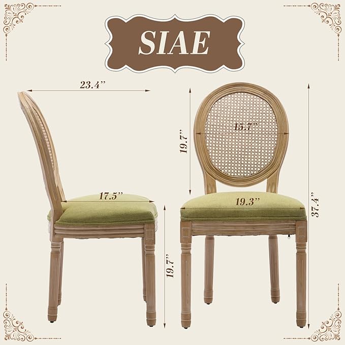 SoarFlash French Dining Chairs Set of 2, Vantage Dining Chair with Round Back, Wood Leg Farmhouse Country Rattan Dining Chair for Kitchen,Bedroom,Olive Green