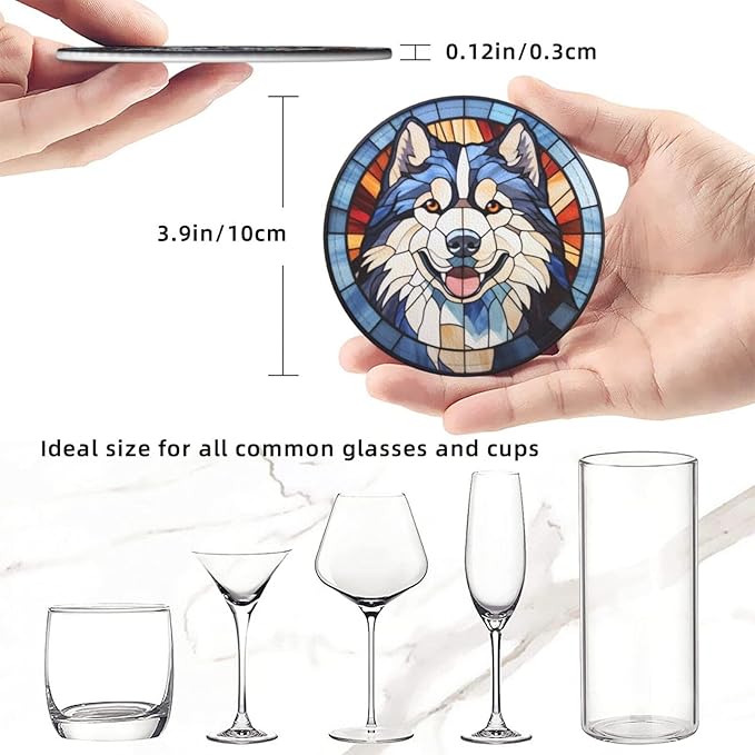 Drink Coaster Set of 6, Alaskan Malamute Dog Mom Lover Gift,Leather Drink Coasters with Holder,6 Pack Cup/Bar/Drink Coasters for Table/Drinks/Coffee Protection Housewarming Gift