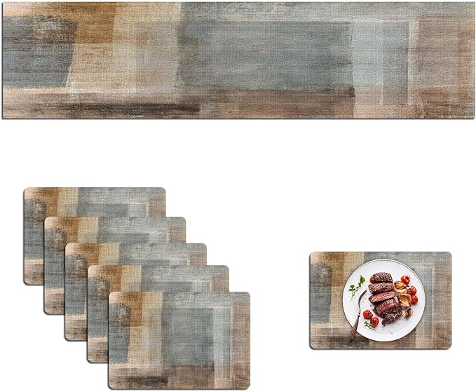 Mcalk Brown Table Runner and Placemats Set of 6, Abstract Grey Placemats, Modern Art Cloth Place Mats Indoor for Kitchen,Washable Linen Material for Dining Table