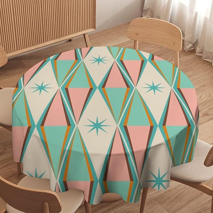 Mid Century Round Tablecloth, Vintage Bohemian Modern Mid-Century 50s 60s Print Tablecloth for Home Party Dining Room Kitchen Decor 36Inch(90cm)
