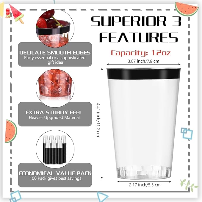 Patelai 100 Pcs Black Plastic Cups 12 oz Black Rimmed Plastic Cups Heavy Duty Disposable Wine Glasses Clear Cocktail Glasses Drinking Tumblers for Party Wedding Christmas Birthday