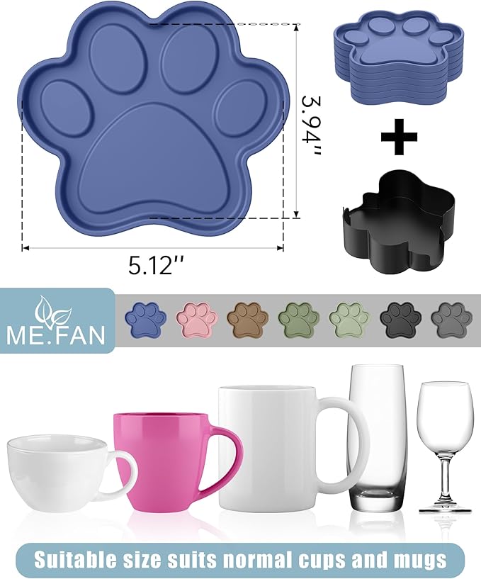 ME.FAN Silicone Coasters 6 Pack Paw Cup Mat with Holder, Dog Cat Paw Shape, for Hot or Cold Drink, Non-Slip, Non-Stick, Room Decor, Housewarming Deep Grey