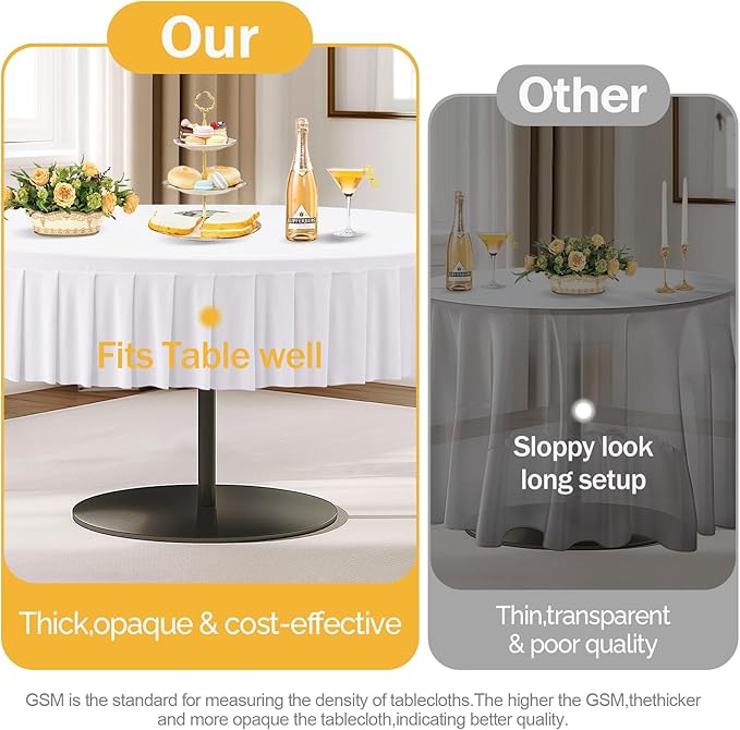 1 Pack White Spandex Round Tablecloths for 72in Tables, Stretchy Fitted 6FT Round Table Cloths, Wrinkle Free Table Cloth with Skirt for Wedding Birthday Party Bridal Shower Banquet Baby Shower
