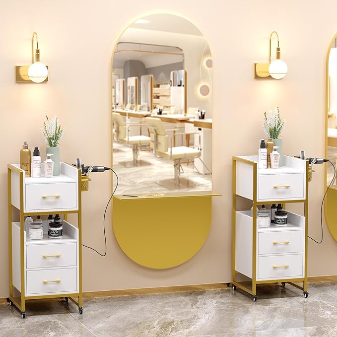 OmySalon Salon Trolley Cart, Hair Styling Station with 3 Drawers, 2 Open Shelf & Tool Holders, Mobile Barber Storage Cabinet Utility Trolley for Beauty Salon Spa,White