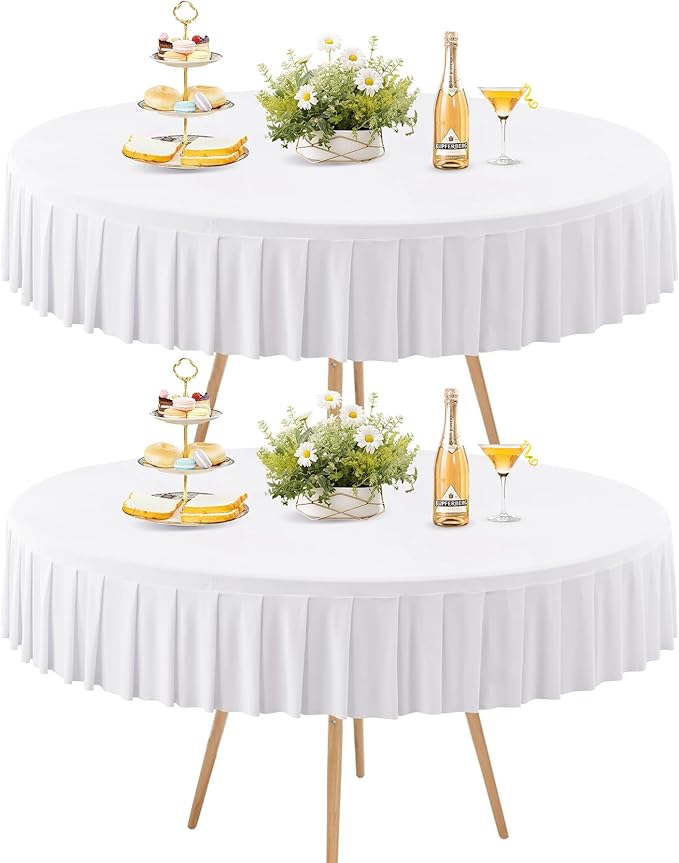 2 Pack White Spandex Round Tablecloths for 72in Tables, Stretchy Fitted 6FT Round Table Cloths, Wrinkle Free Table Cover with Skirt for Wedding Birthday Party Bridal Shower Banquet