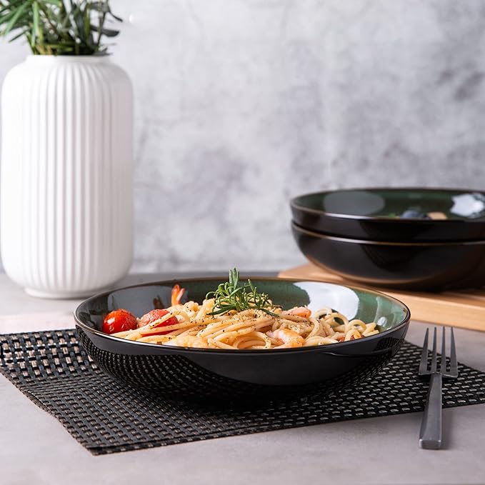 LERATIO Large Pasta Bowls,38oz Ceramic Pasta Bowls,9.0" Reactive Glaze Pasta Bowl Set of 4,Microwave & Dishwasher,Oven Safe,Wide Serving Bowls for Salad,Pasta,Fruit,Scratch Resistant-Green