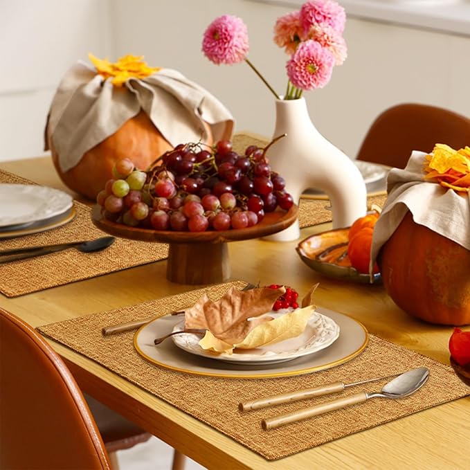 Homaxy Cloths Placemats for Dining Table Set of 6, Heat Resistant Washable Cotton Linen Blend Table Mats, Easy to Clean Place Mats for Indoor Outdoor Party Kitchen Decoration, 13" x 19", Amber