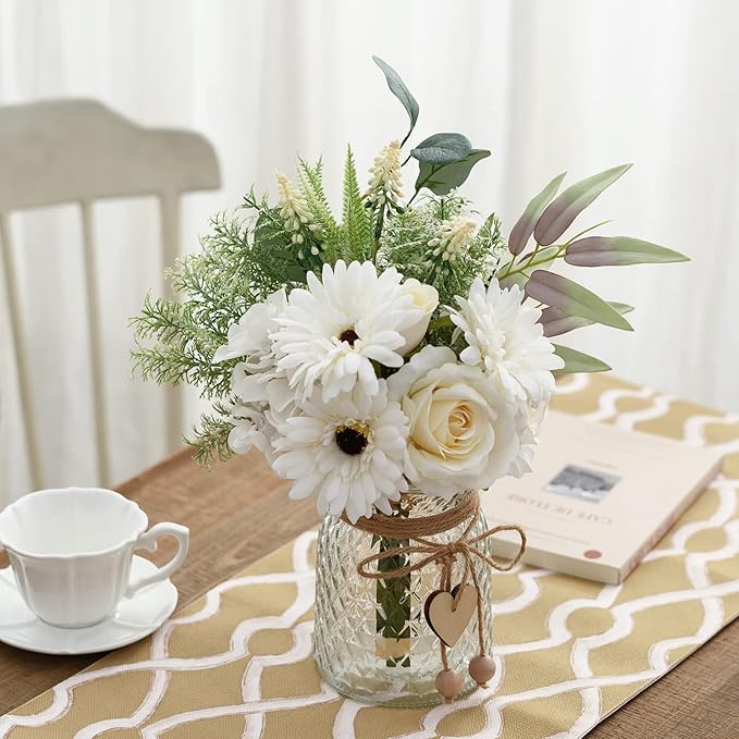 Artificial White Flowers with Vase, Fake Flowers Arrangement for Home Decor, Faux Flowers for Farmhouse Coffee Table Decor, House Kitchen Centerpiece Table Decorations