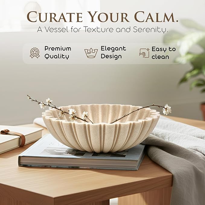 Modern Decorative Bowl for Home Decor - 10.6” Large Beige Resin & Sandstone Centerpiece Bowl for Entryway Table, Coffee Table, Kitchen Counter or Serving Fruit, Includes 10PCS Artificial Moss Rocks