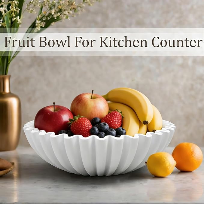 Large Modern Decorative Bowl, Fruit Bowl for counter, Modern Home Decor, Ruffle Bowl for Kitchen Counter Coffee Table, Key Bowl for Entryway Table, 10", White