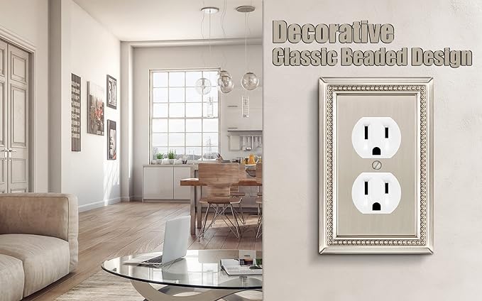 Henne Bery Sunken Pearls Heavy Duty Decorative Wall Plate Switch Plate Outlet Cover (Single Duplex, 2 Pack, Satin Nickel)
