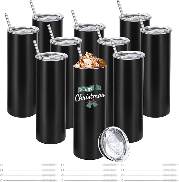 YOUKE OLA 10 Pack Stainless Steel Skinny Tumblers 30oz Bulk Straight Double Wall Insulated Tumbler with Lid and Straw for Travel, DIY Gift, Black