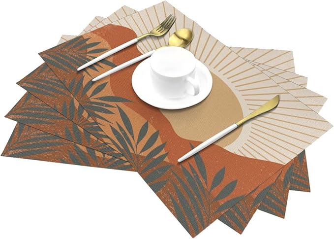 Mid Century Boho Sunset Placemats Vintage Farmhouse Abstract Plant Mountain Sunset Washable Place Mats 12x18Inch for Dining Kitchen Farmhouse Decor 4 PCS