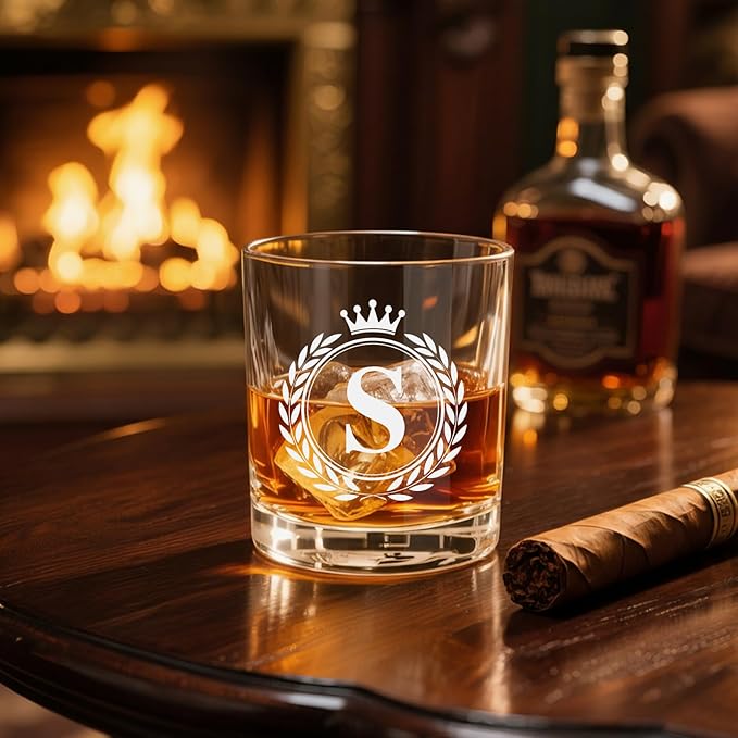 Whiskey Glasses - Rocks Old Fashioned Glass Gifts for Men, Monogrammed A-Z 10oz Personalized Whisky Glasses, Christmas Birthday Gifts for Men Him Dad Father Husband Brother Son (S)