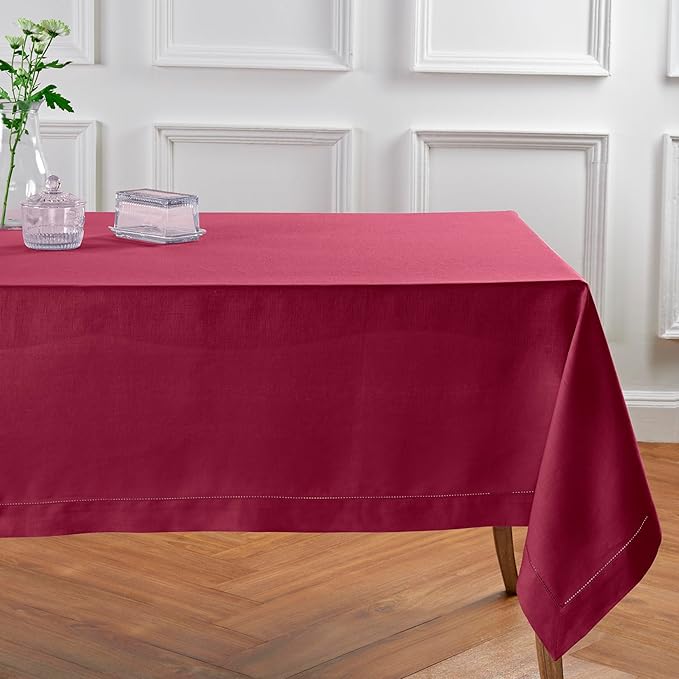 Solino Home Beet Linen Tablecloth 60 x 108 Inch - 100% Pure Linen Hemstitch Table Cloth for Rectangle Tables - Classic Hemstitch, Machine Washable Tablecloth for Valentines, Winter, Easter