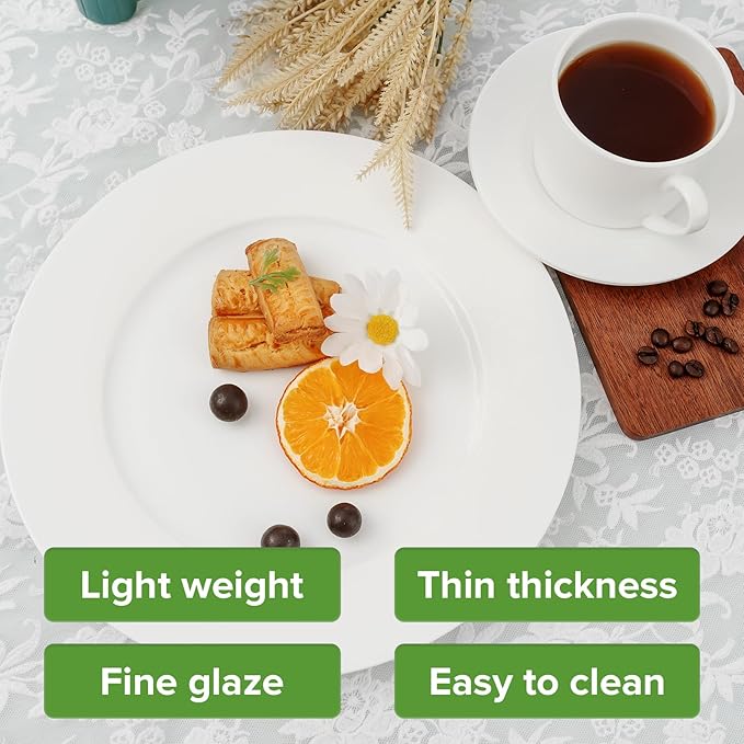 Fine Bone China Dinner Plates 6-Piece, Flate Plate, Pasta Plate 10.75 Inches, Fine Glaze With Pure White Color Sturdy and Durable, Thin Thickness and Light Weight, Microwave and Dishwasher Safe