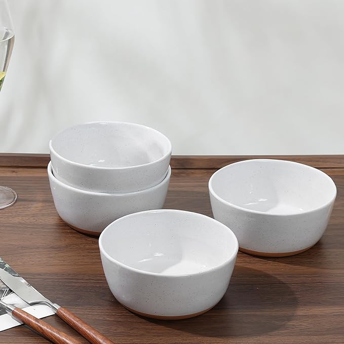 Cereal Bowls Set of 4,Ceramic Bowls for Kitchen,6 Inch Stoneware Bowls, Round Porcelain Pasta Bowl,Dishwasher&Microwave Safe,White(Brown Bottom)